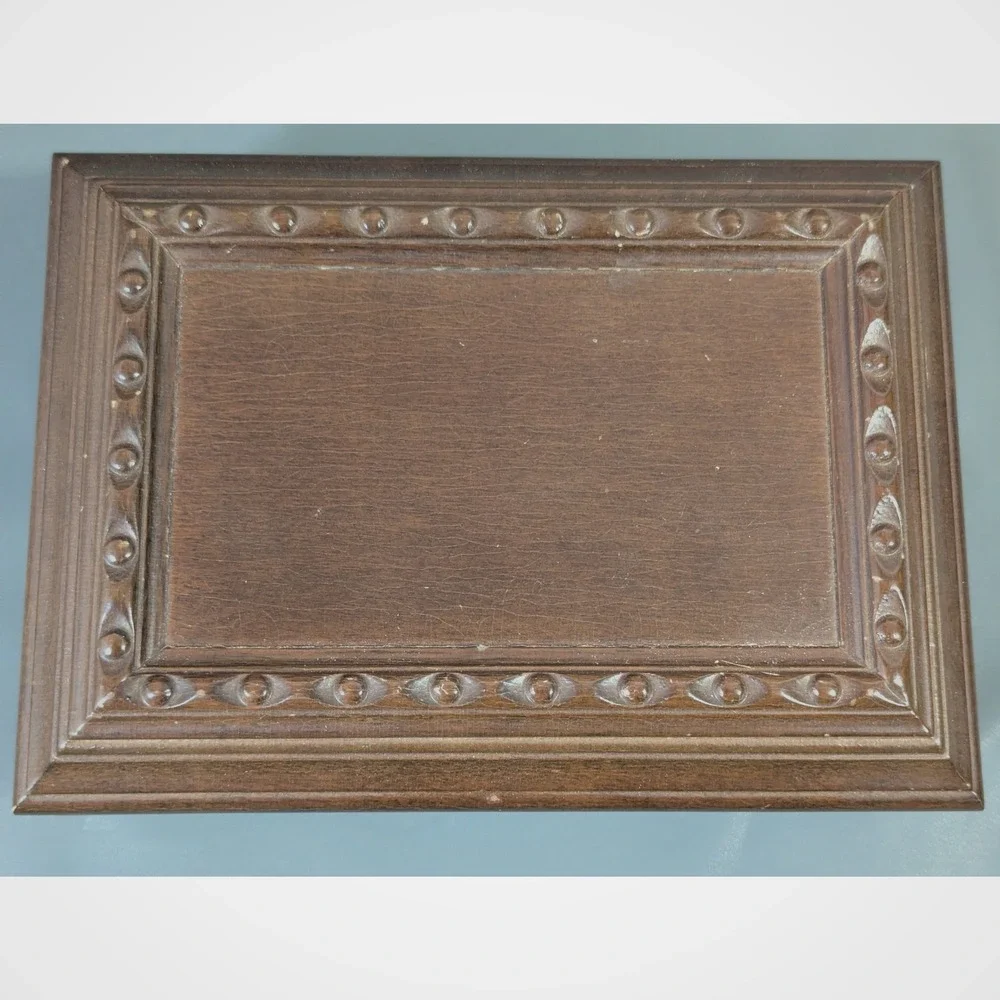 Vintage Wooden Jewelry Box Dark Wood Green Velvet Lining Carved Detail Organizer